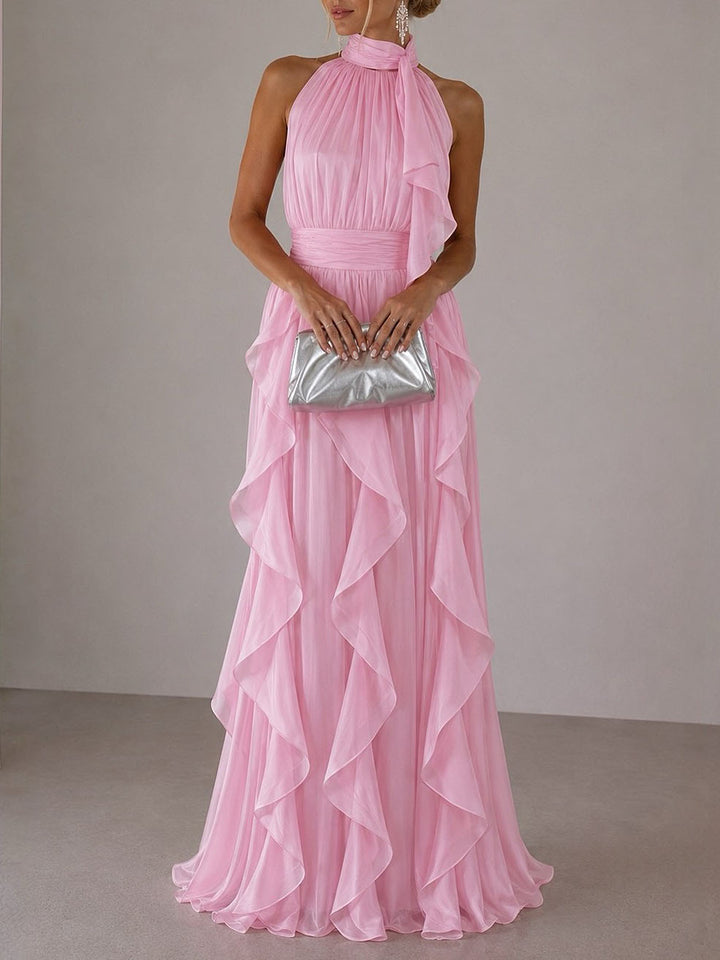 Elegant Backless Ruched Tiered Ruffle Maxi Dress