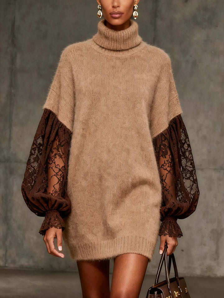 Elegant Lace Sleeve Plush Turtleneck Sweater Dress