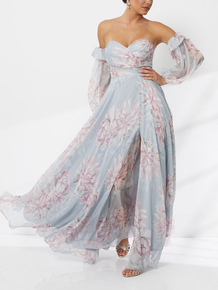 Elegant Floral Off-Shoulder Slit Chiffon Maxi Dress
