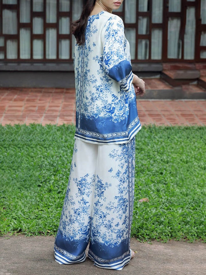 Classic Floral Print Patchwork Elastic Waist Wide-Leg Pants