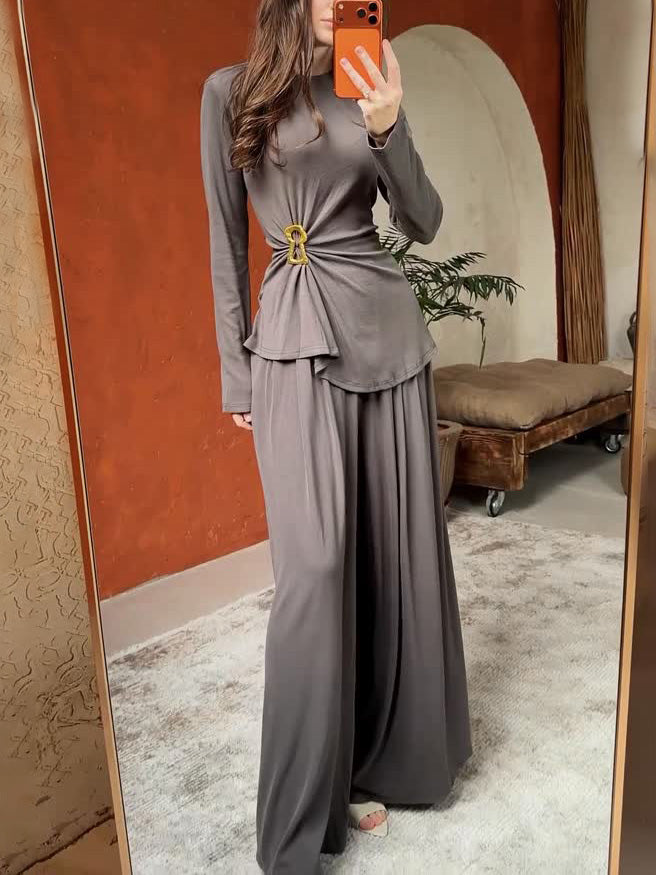 Elegant Long-Sleeved Top & Wide-Leg Pants Two-Piece Set