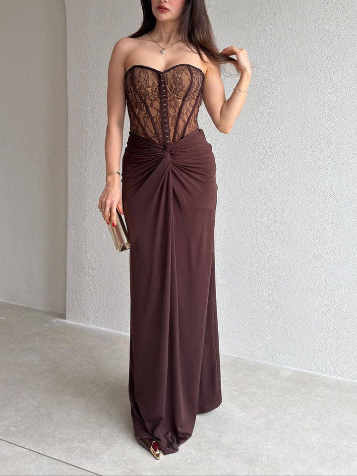 Elegant Strapless Lace Bodycon Maxi Dress