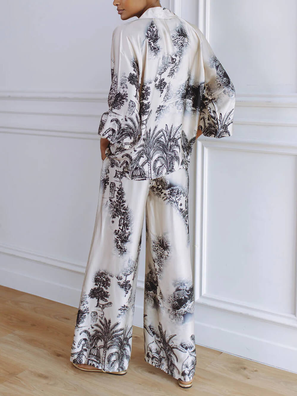 Unique Floral Print Loose Top And Elastic Waist Wide Leg Pants Set