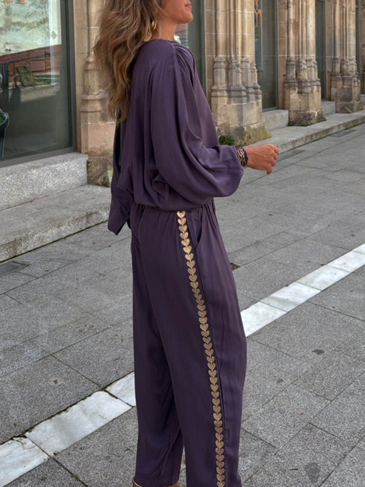 Modern Feel Unique Gold Trim Stitching Elastic Waistband Pocket Straight Pants