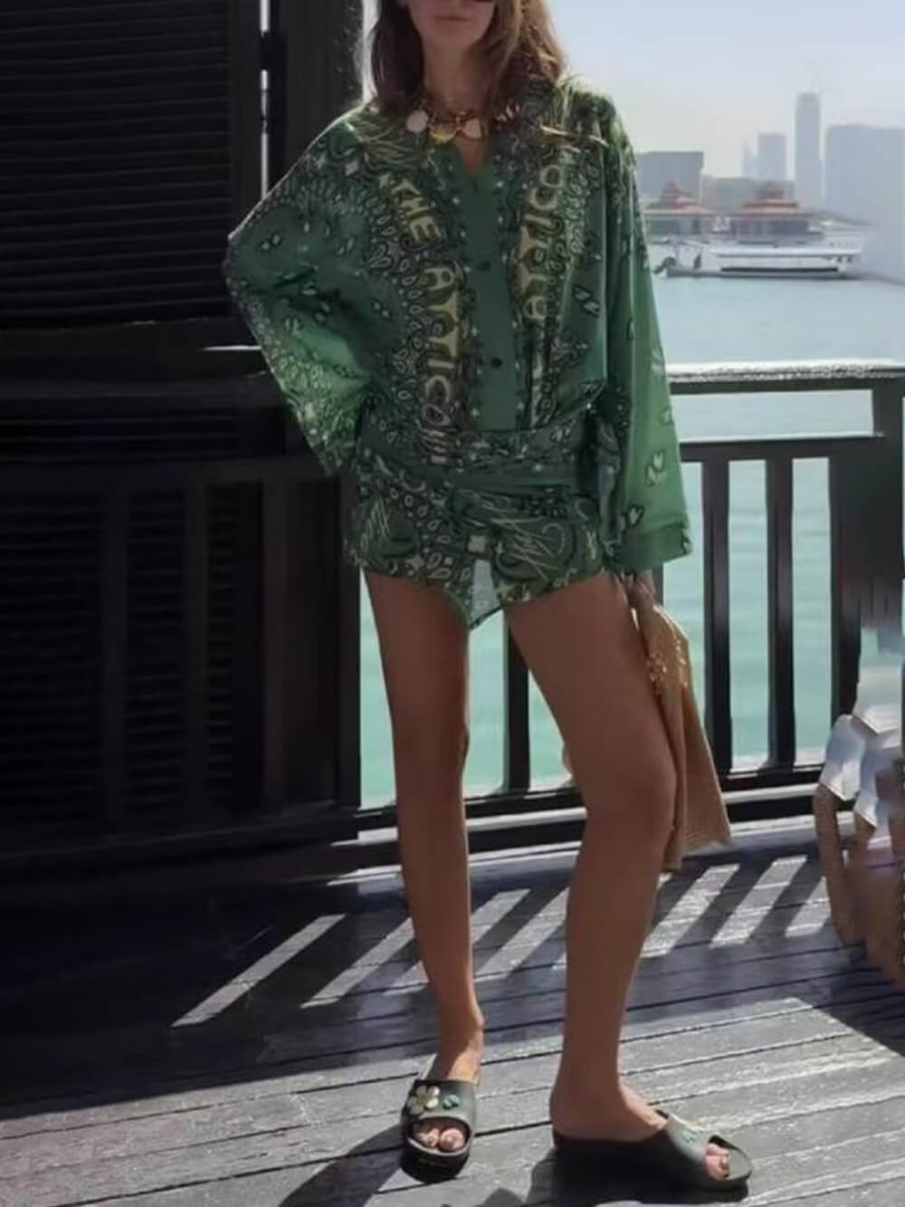 Vacation Print V-Neck Flare Sleeve Asymmetric Hem Mini Dress