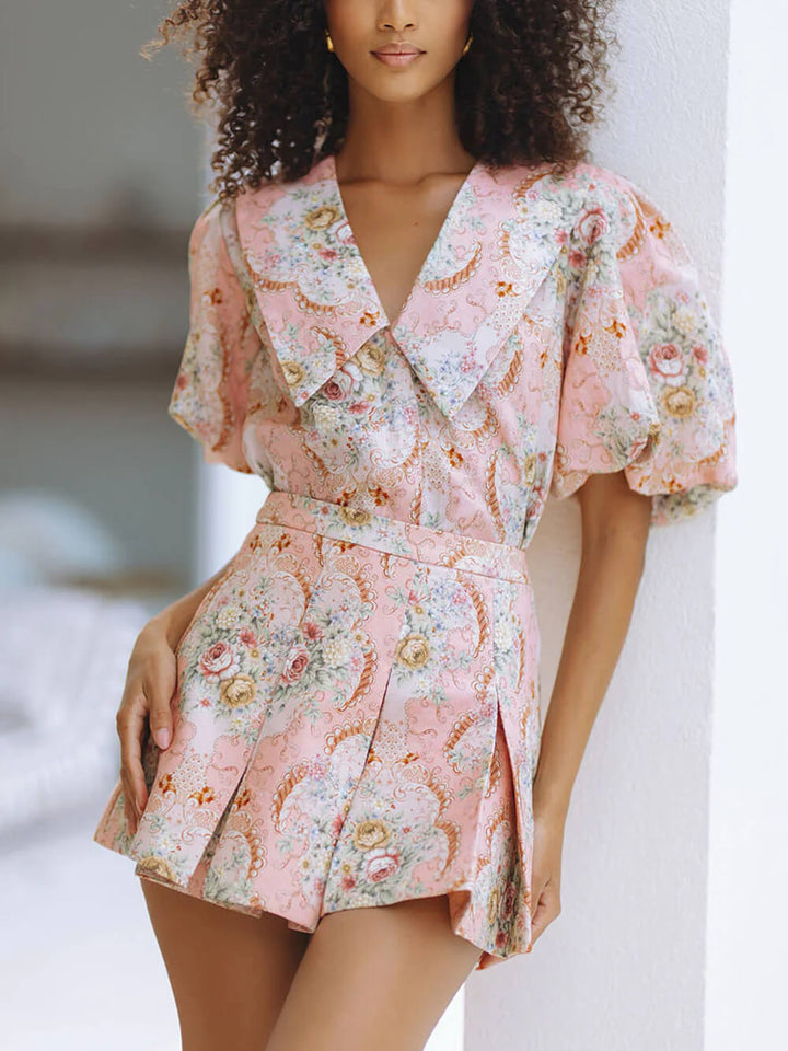 Delicate Floral Print Linen Top And Pleated Mini Shorts Set