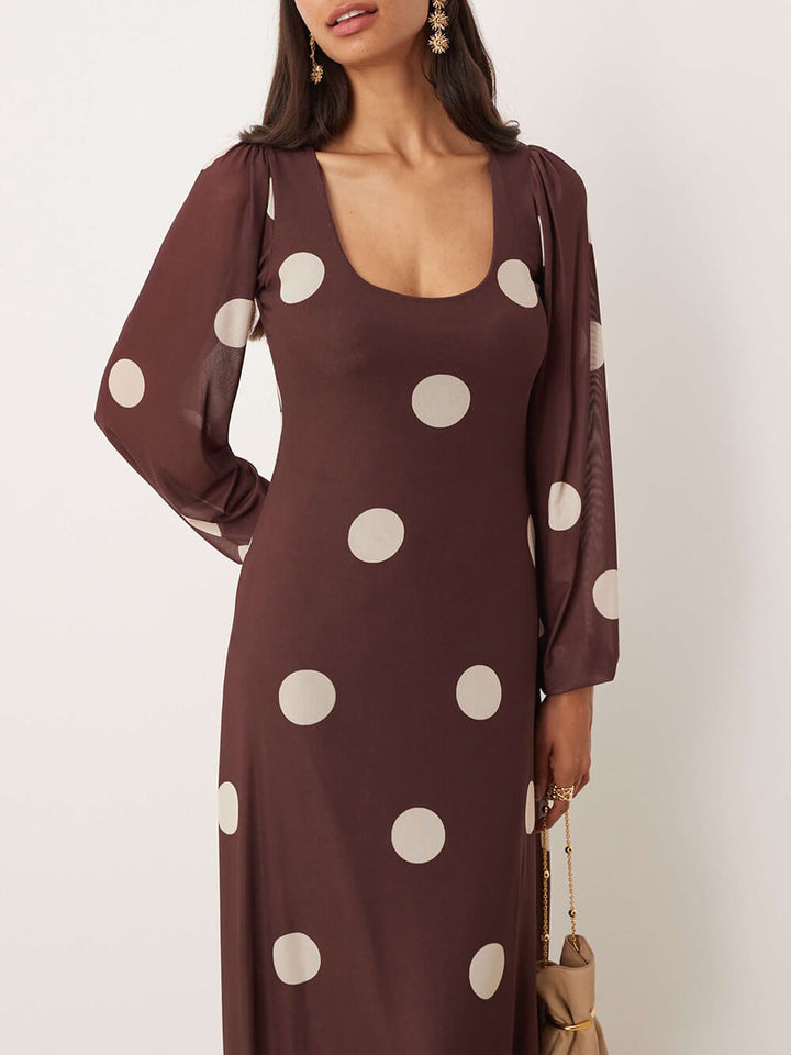 Elegant Polka Dot Print Lantern Sleeve Maxi Dress