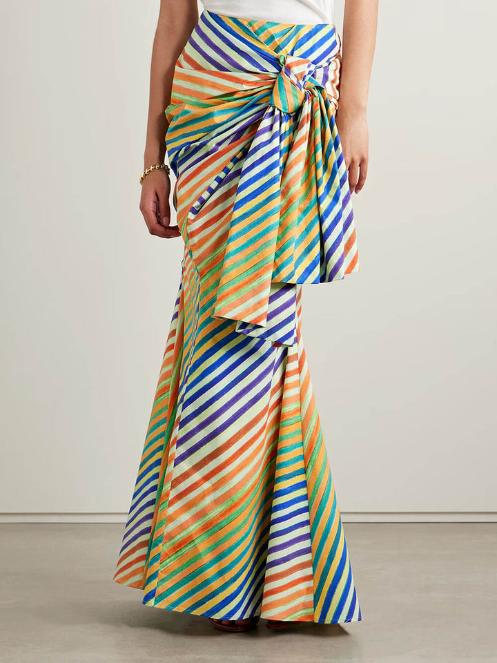 Unique Striped Print Crayon Knot A-Line Maxi Skirt