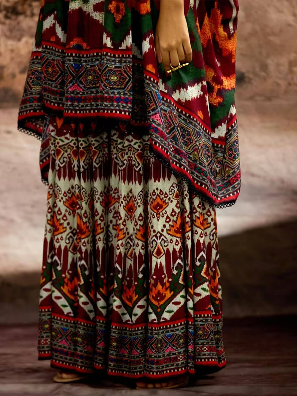 Unique Ethnic Print Bell Sleeve Oversized Long Shirt