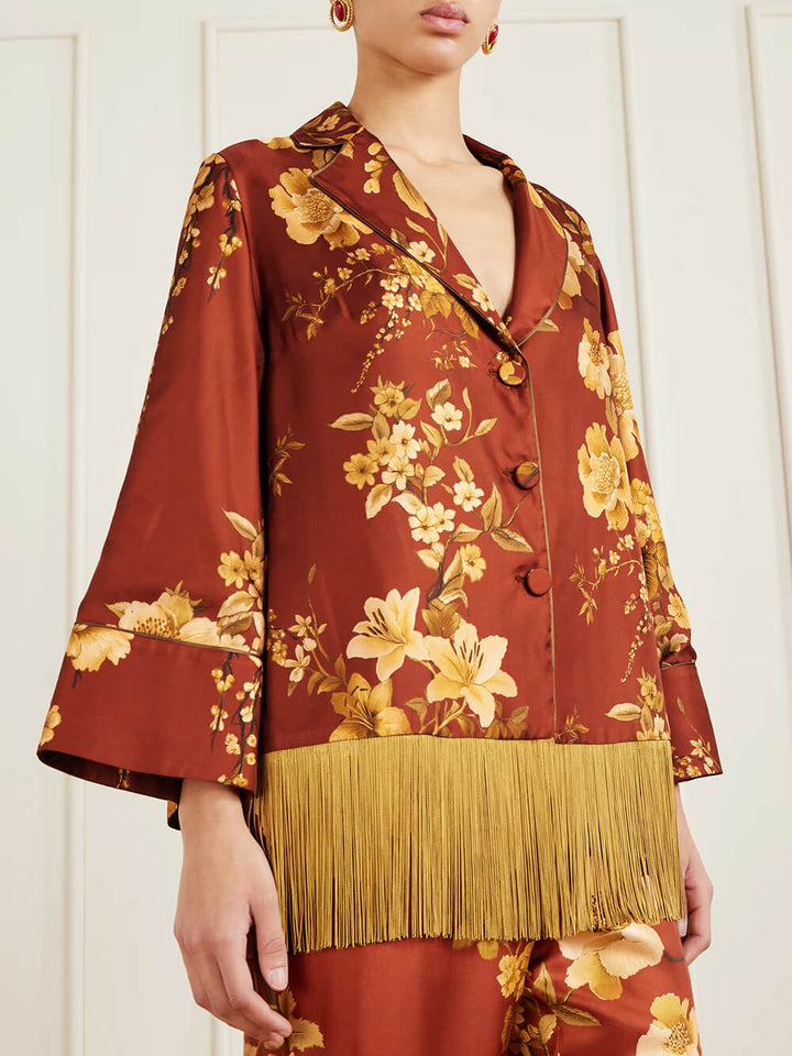 Exquisite Fringe Floral Print Satin Shirt and Elastic-Waist Wide-Leg Pants Set