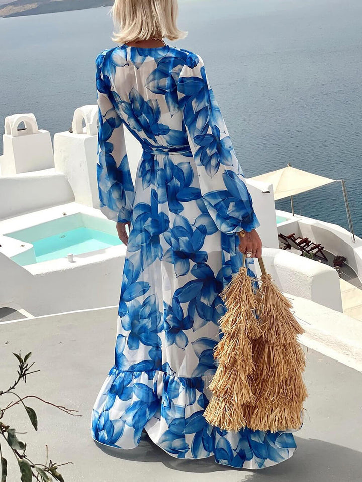 Elegant Floral Print Tie-Front Lantern Sleeve Vacation Maxi Dress