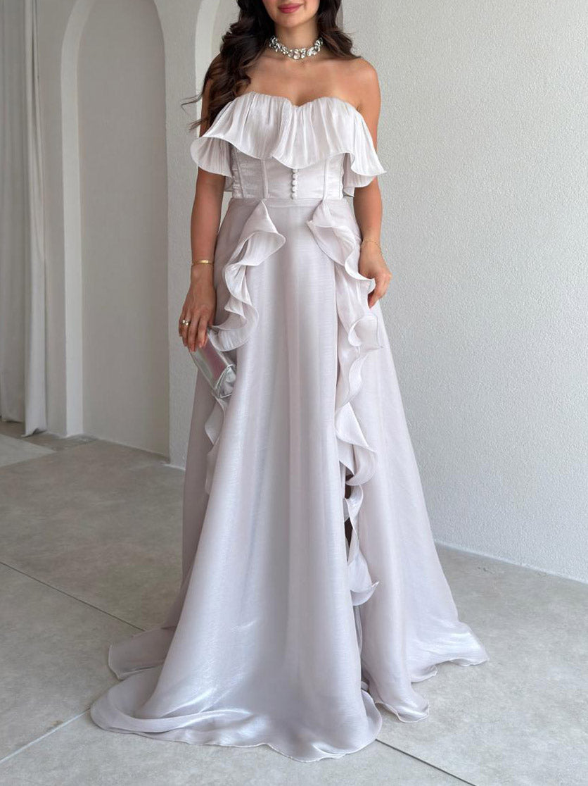 Elegant Strapless Ruffle High Slit Corset Maxi Dress