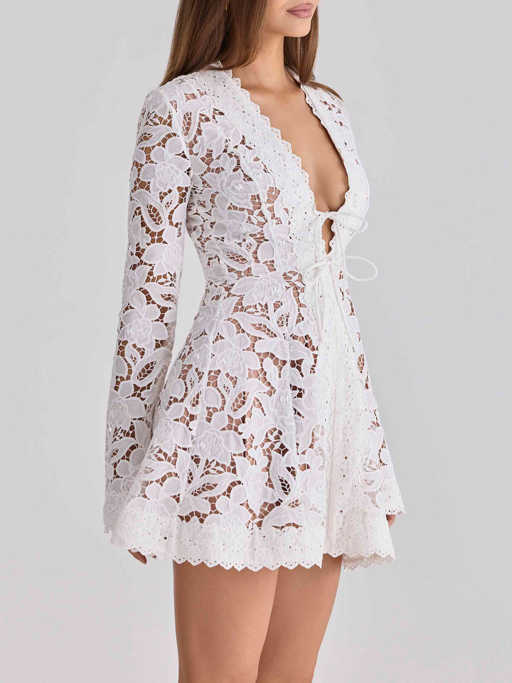 Exquisite Lace Deep V-Neck Mini Dress