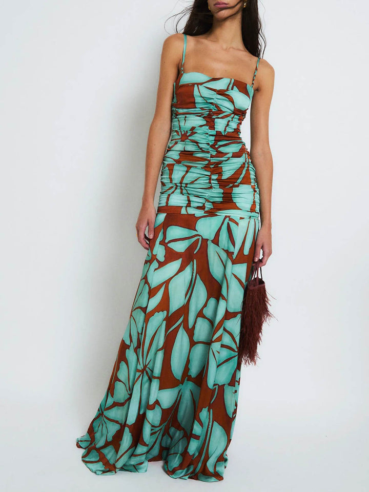 Bohemian Tropical Leaf Print Satin Maxi Dress Two-Piece Set