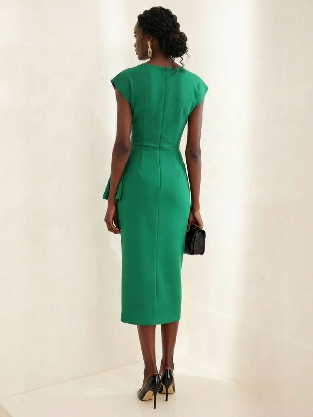 Elegant Draped Neckline Fitted Midi Dress