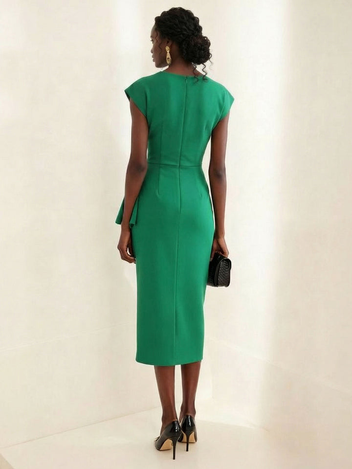 Elegant Draped Neckline Fitted Midi Dress