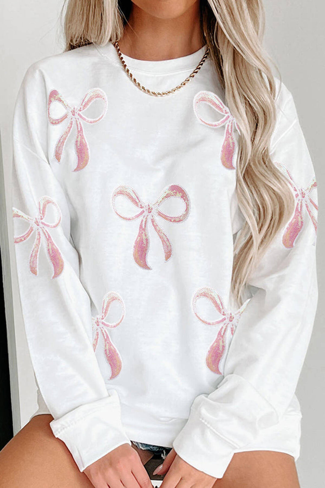 Sequined Bow Christmas Crew Neck Long-sleeved Loose Sweatshirt