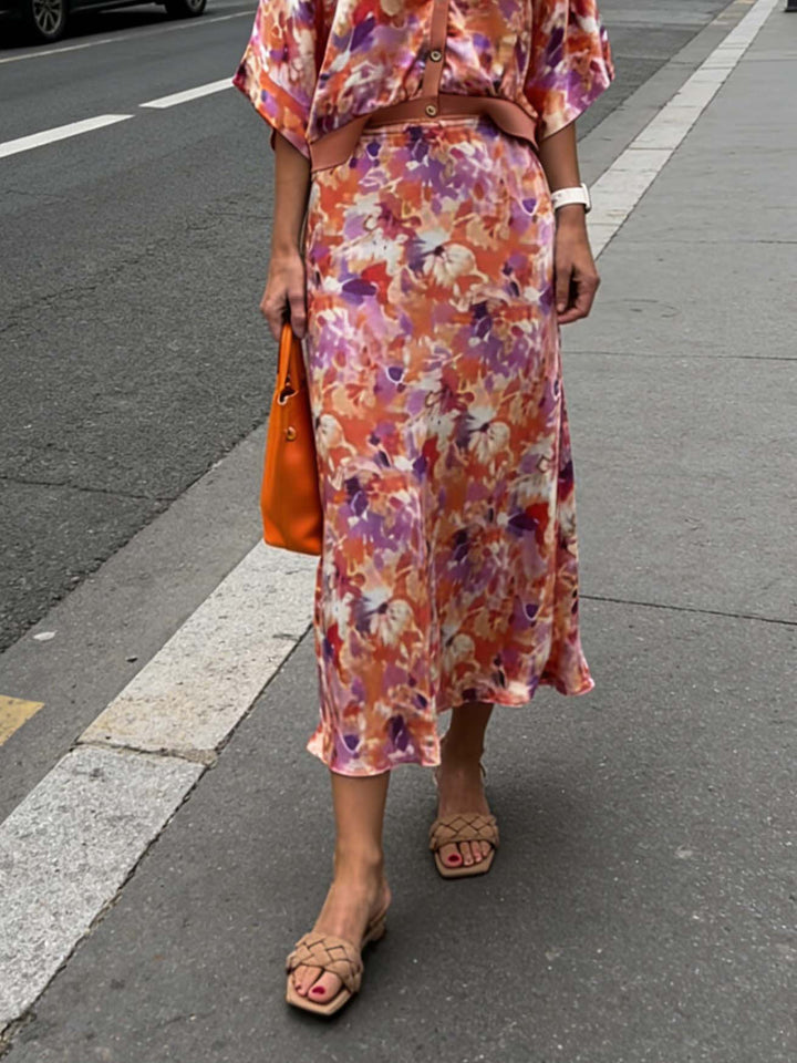 Exquisite Floral Print Satin High-Waisted Midi Skirt