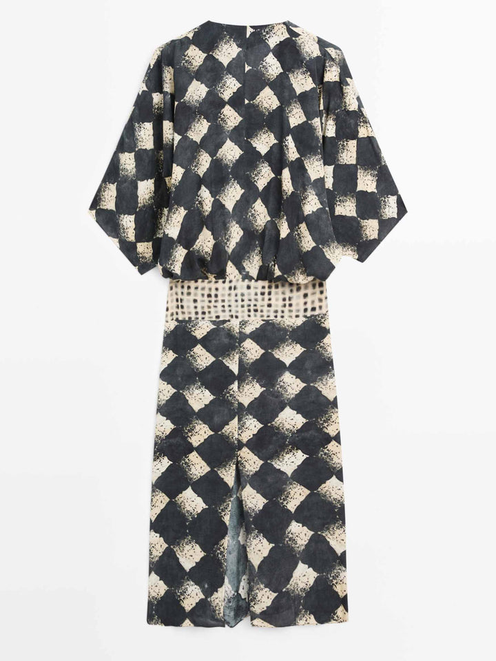Casual Abstract Plaid Print Kimono Sleeve Maxi Dress