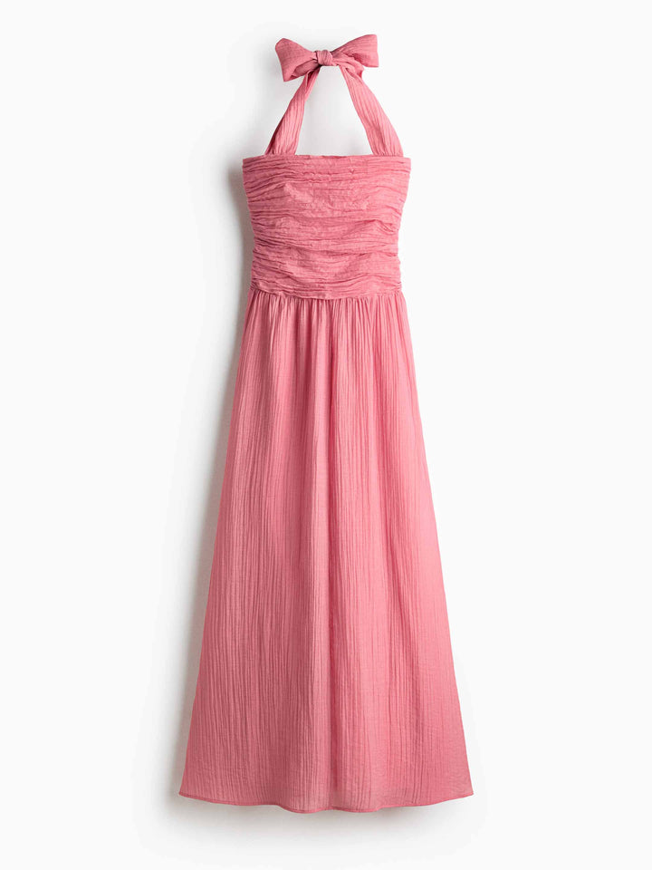 Elegant Halter Neck Ruched Waist Flowing Maxi Dress