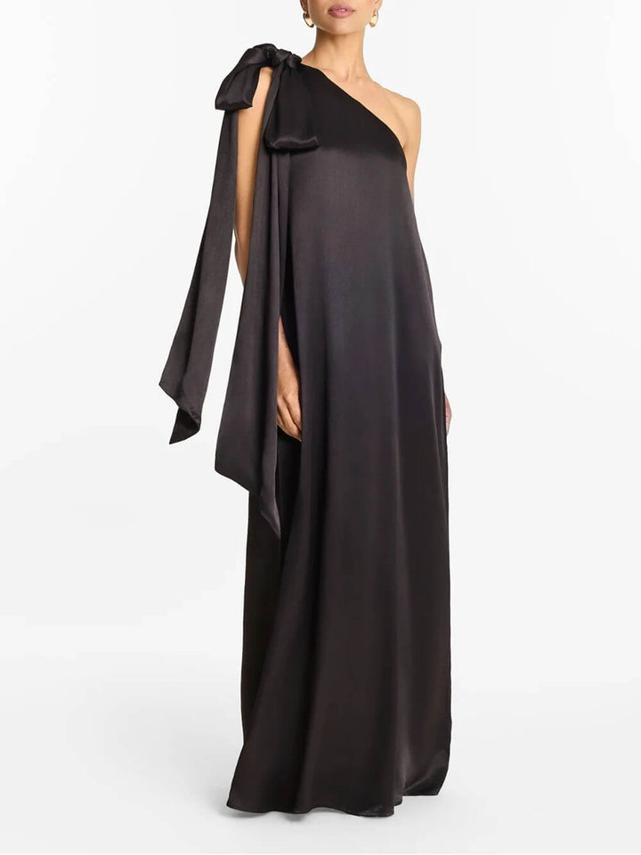 Elegant One-Shoulder Bow-Detail Flowing Maxi Dress