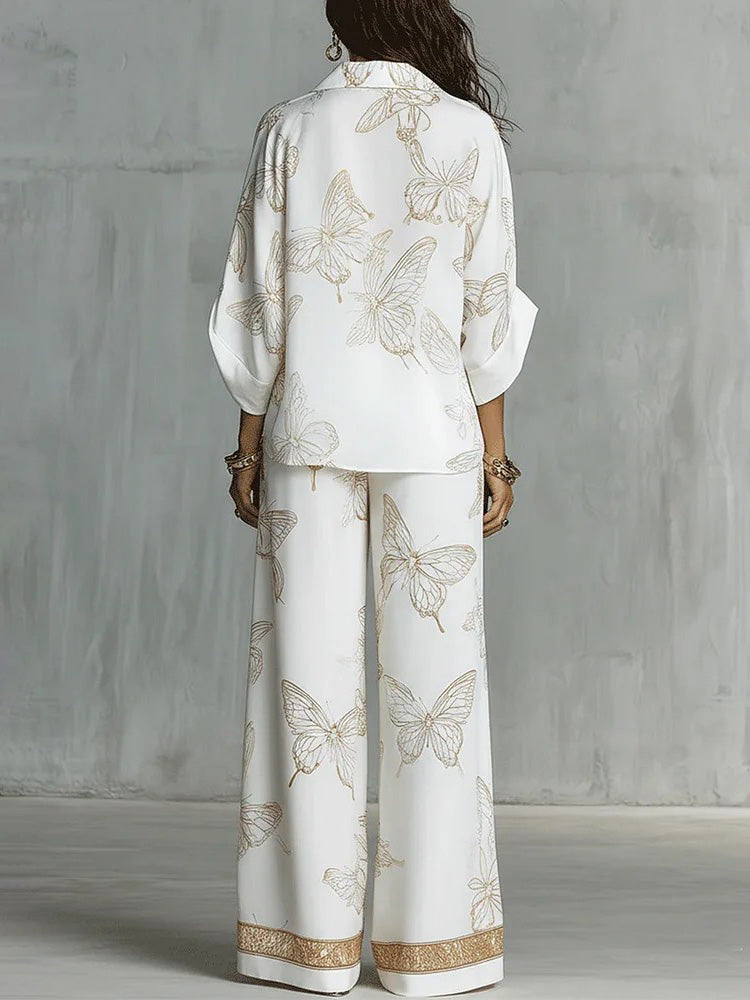 Elegant Butterfly Print Wide-Leg Pants