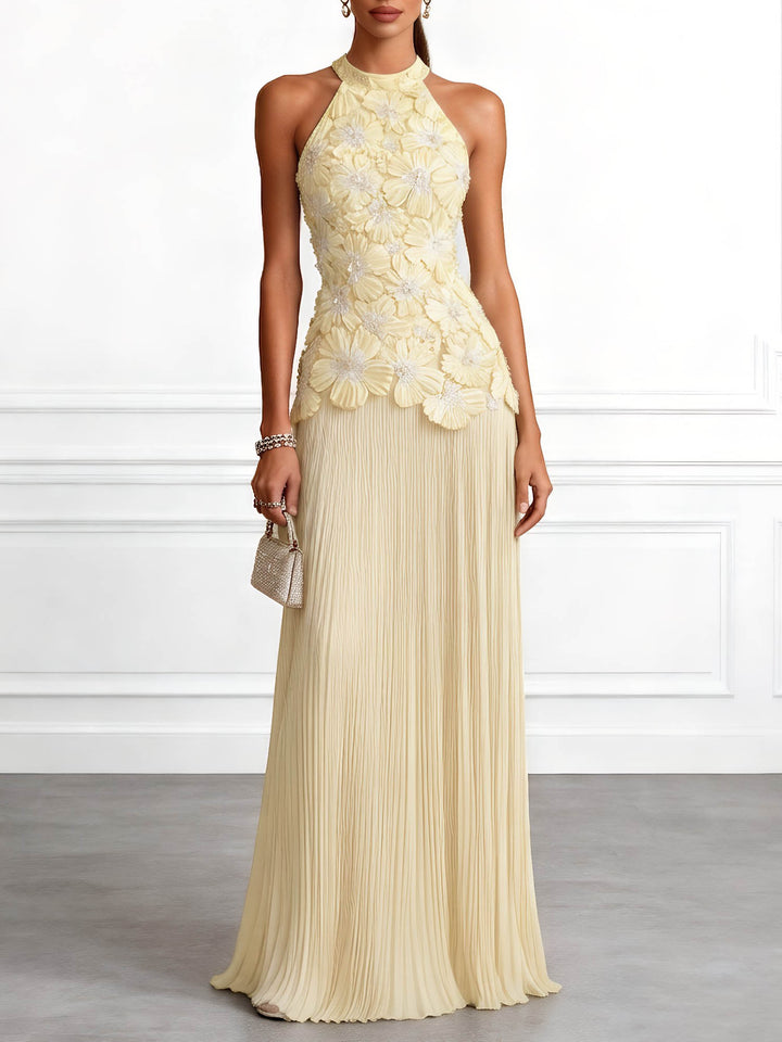 Elegant Halter Neck 3D Floral Appliqué Ruched Maxi Dress