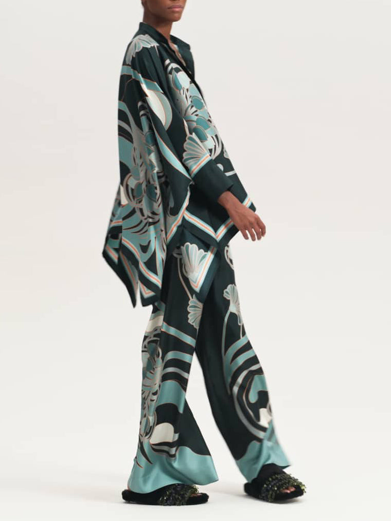 Elegant Abstract Print Satin Cape Sleeve Shirt