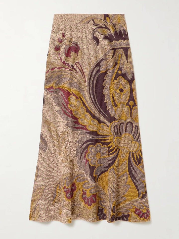 Fashion Paisley Print Gradient Knit Midi Skirt