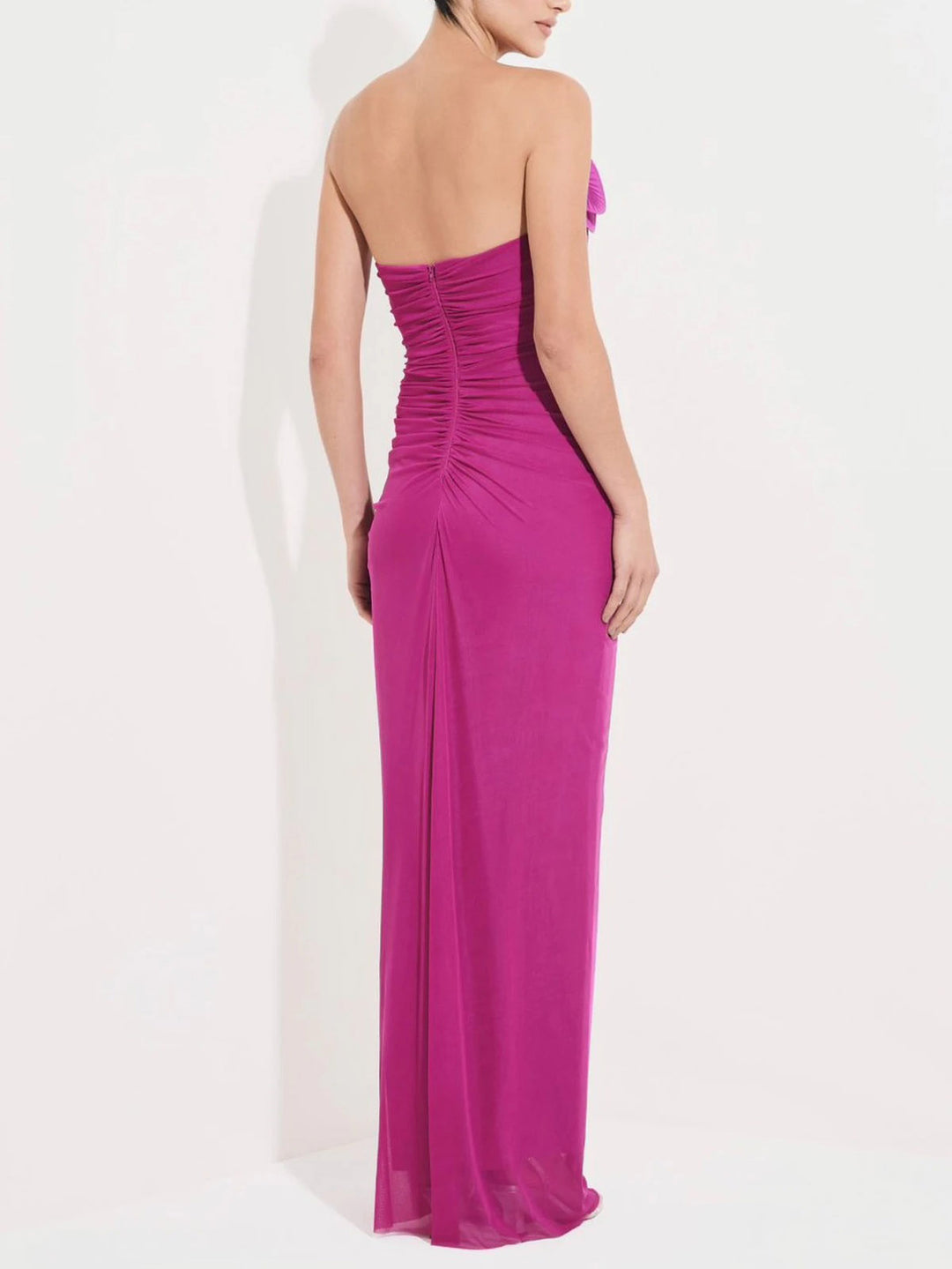 Elegant Strapless Ruched Floral Applique Maxi Dress