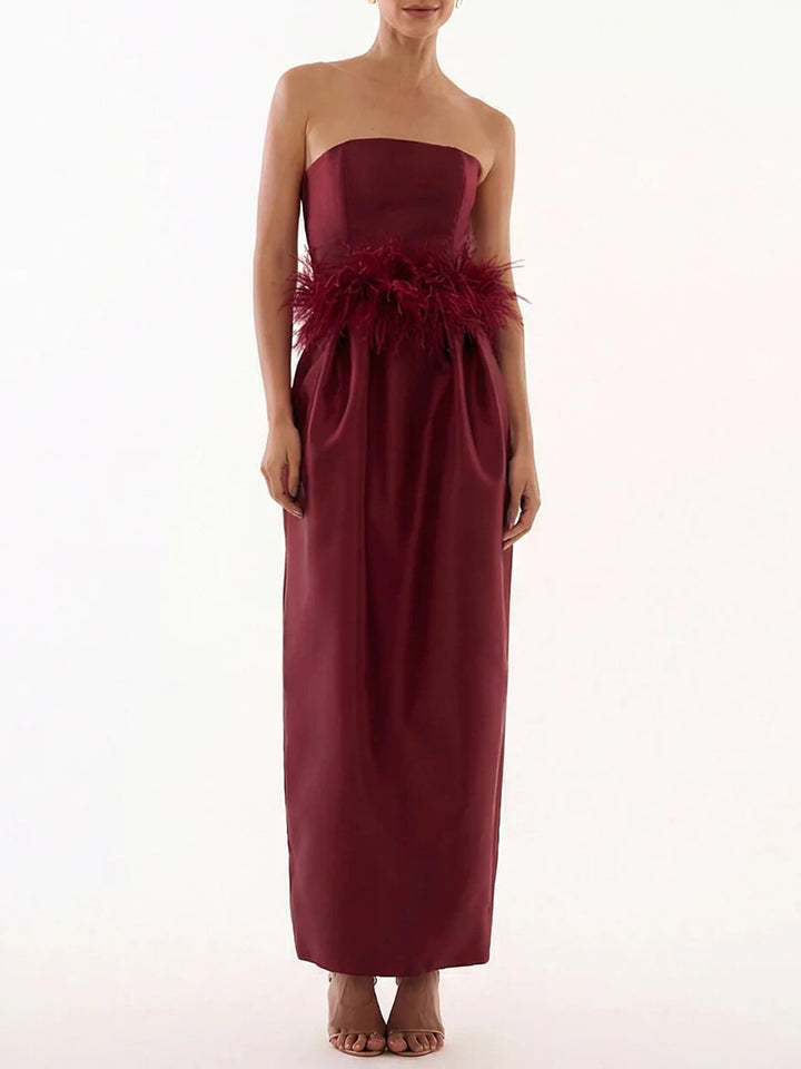 Elegant Strapless Feather Trim Evening Gown Maxi Dress
