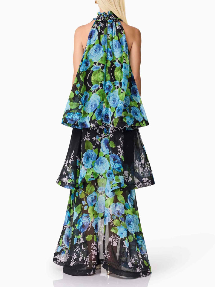 Elegant Rose Floral Halter Tiered High-Low Maxi Dress