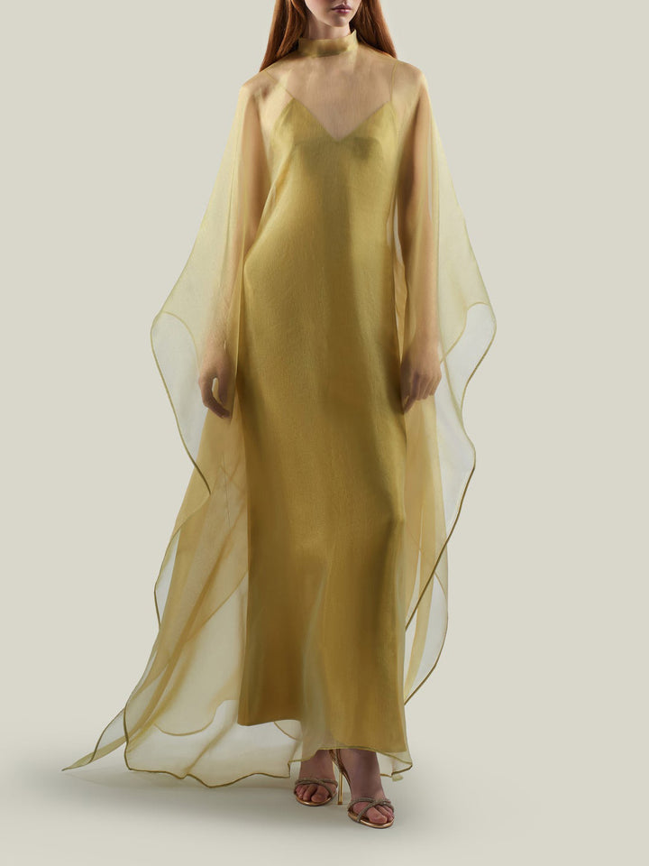 Elegant Sheer Chiffon Cape Sleeve Maxi Dress