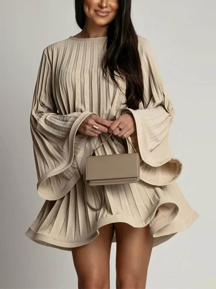 Elegant Round Neck Bell Sleeve Tie-Waist Ruched Mini Dress