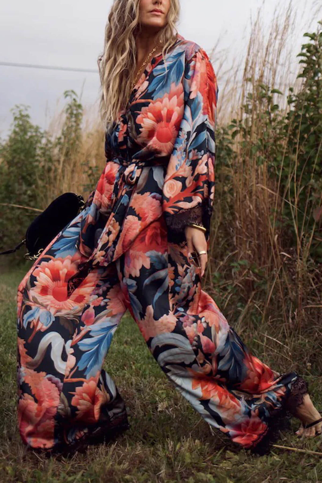 Fashion Lace Patchwork Printed Elastic Waist Wide-Leg Pants