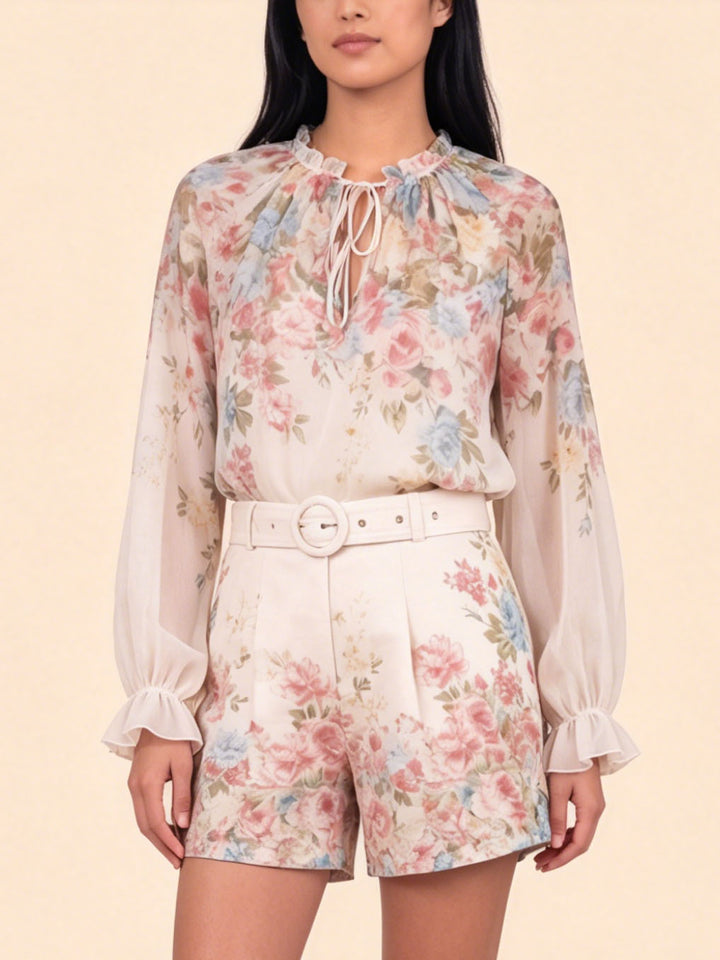 Exquisite Floral Print Long Sleeve Chiffon Shirt & Shorts Set