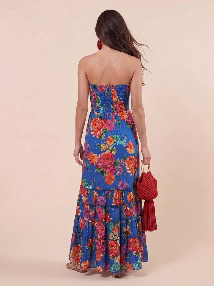 Exquisite Floral Print Strapless Layered Ruffled Maxi Dress