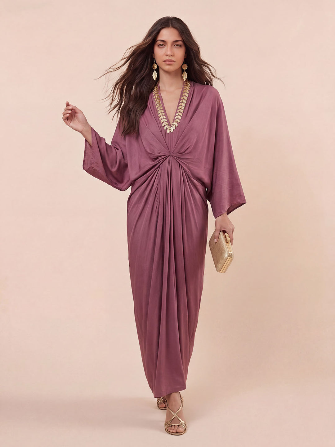 Casual V-Neck Twist Waist Batwing Sleeve Kaftan Maxi Dress