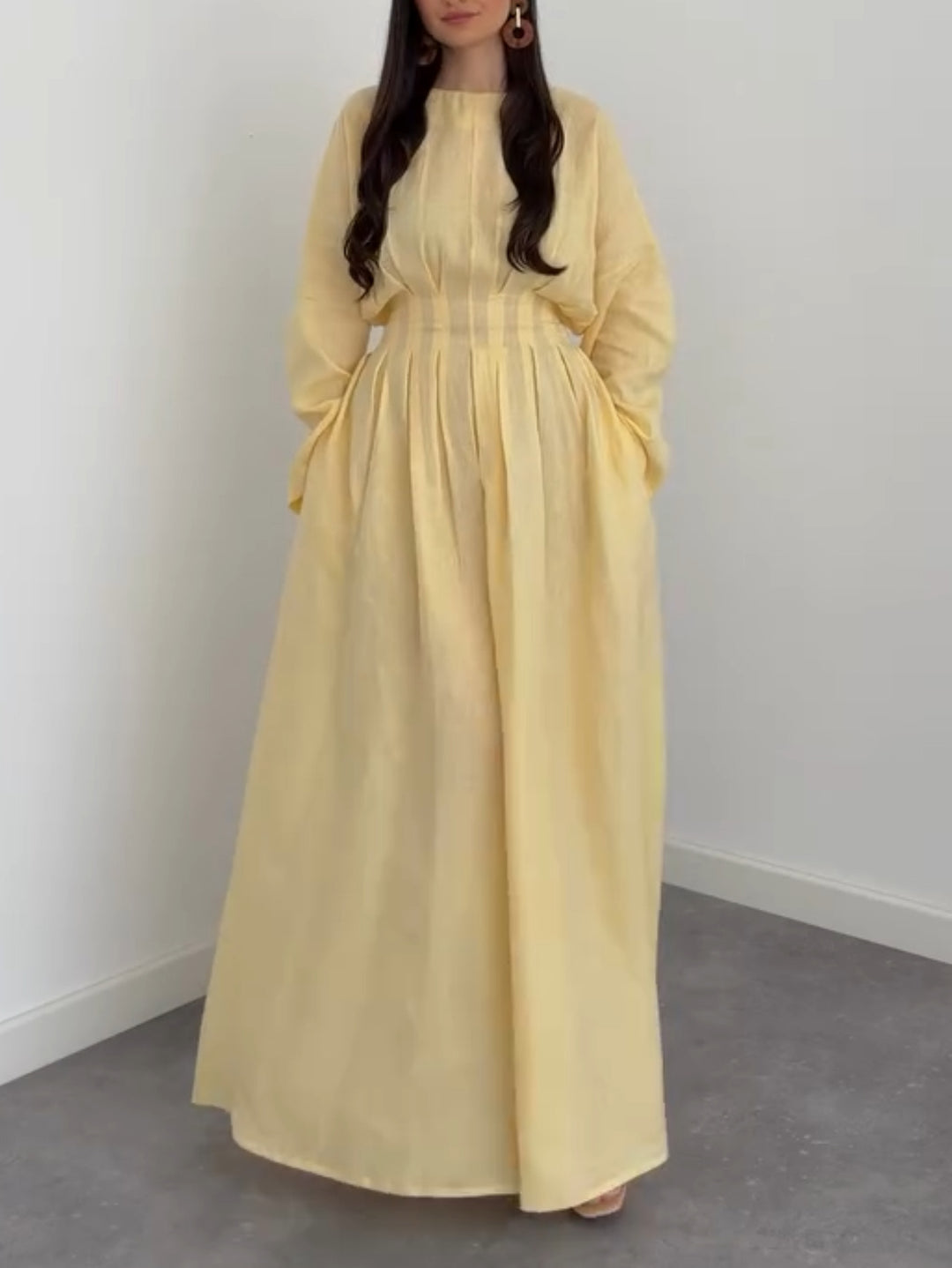 Elegant Long Sleeve Pleated Waist Maxi Dress
