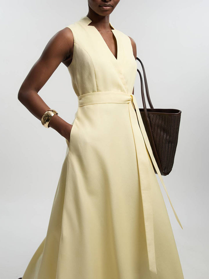 Elegant Sleeveless V-Neck Tie-Waist Satin Maxi Dress