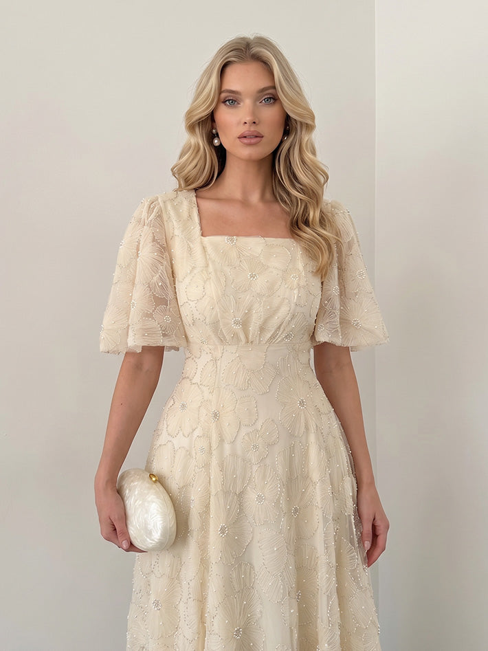 Elegant Square Neck Sheer Tulle Floral Embroidered Maxi Dress