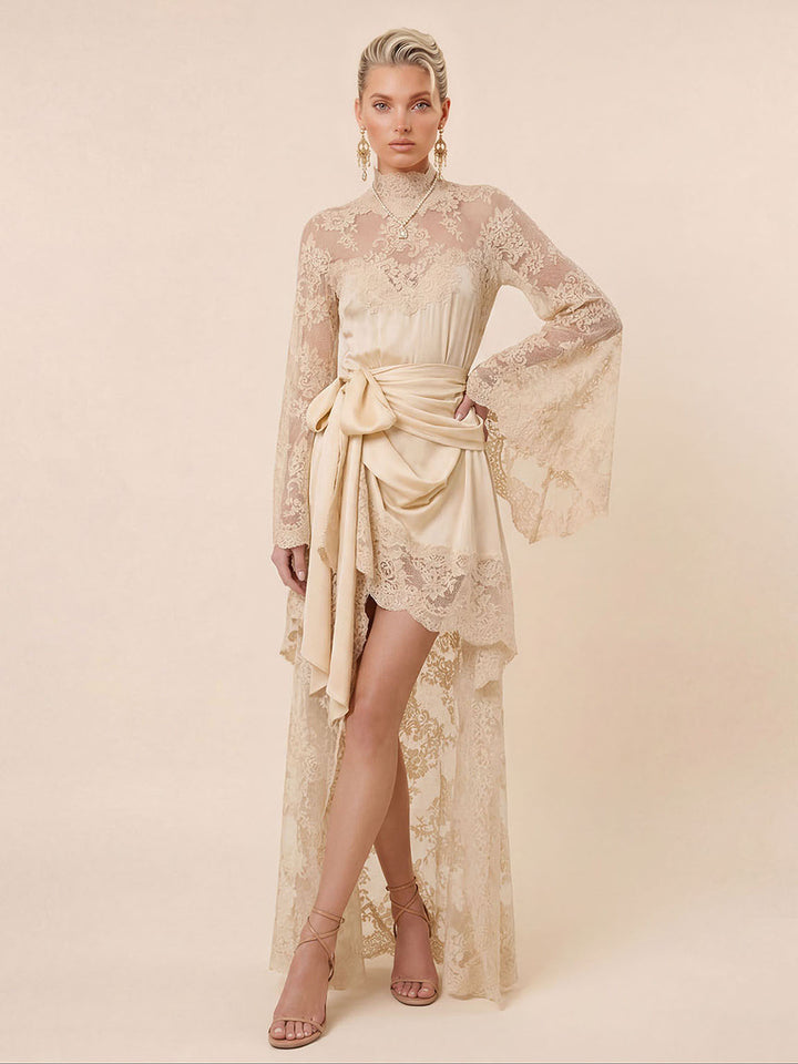 Elegant Lace High Neck Irregular Hem Maxi Dress