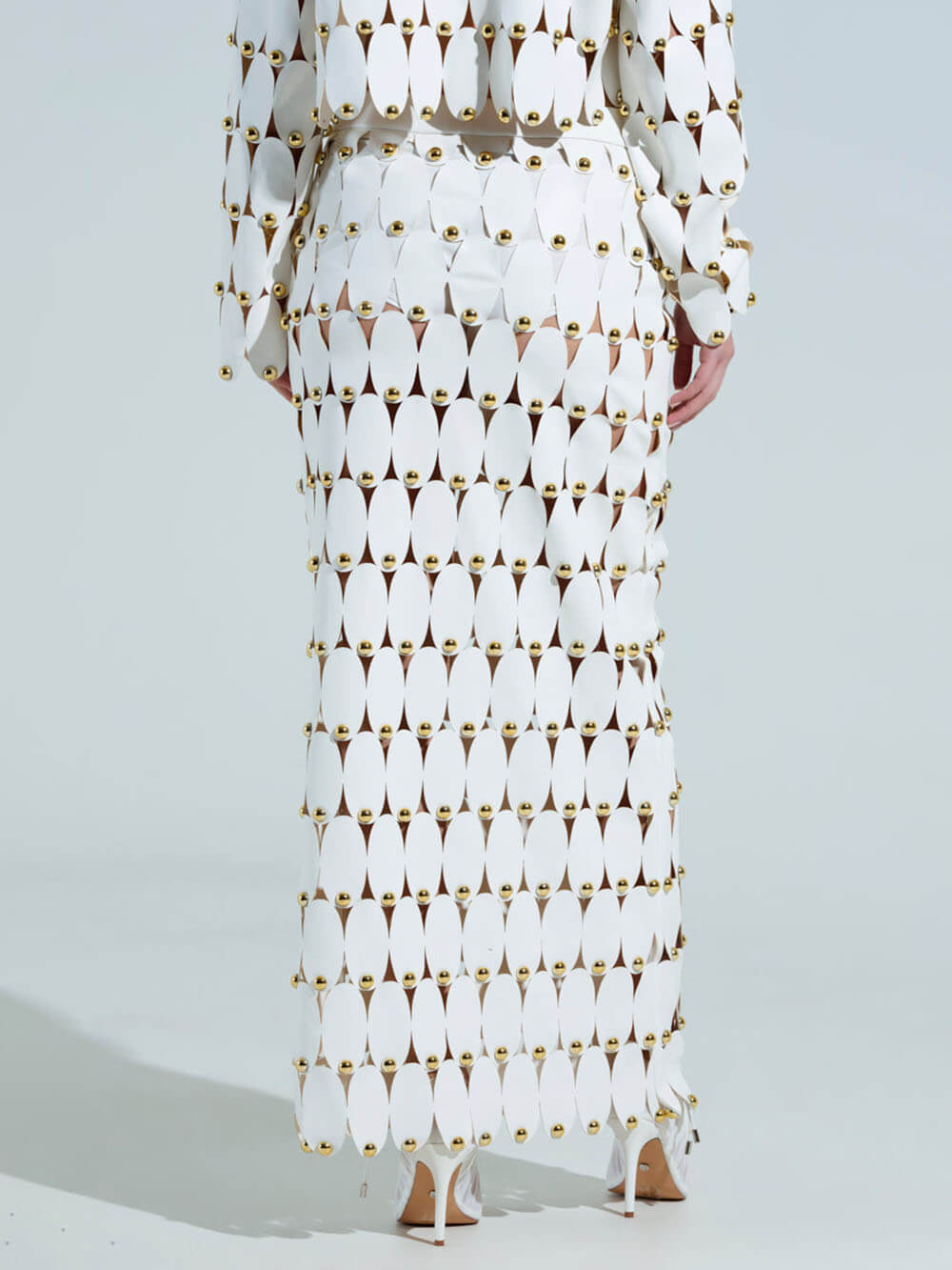 Exquisite Cut-Out Studded PU Cropped Cardigan Top And Maxi Skirt Set
