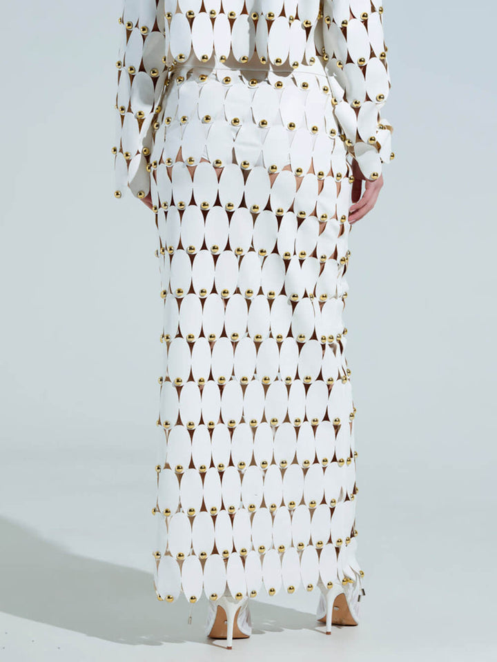 Exquisite Cut-Out Studded PU Cropped Cardigan Top And Maxi Skirt Set