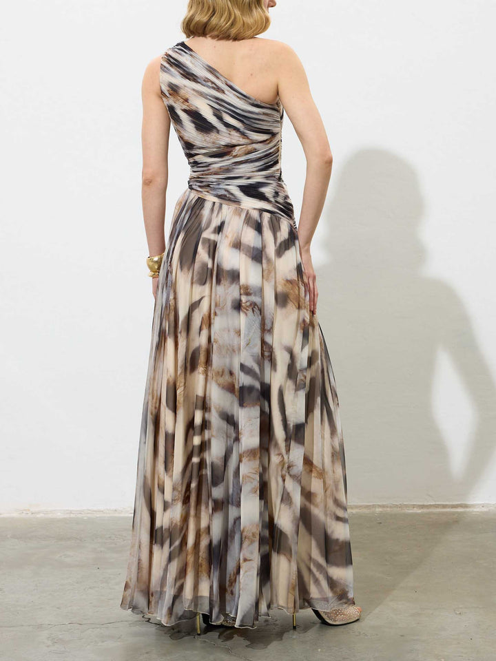 Elegant One-Shoulder Marble Print Chiffon Maxi Dress