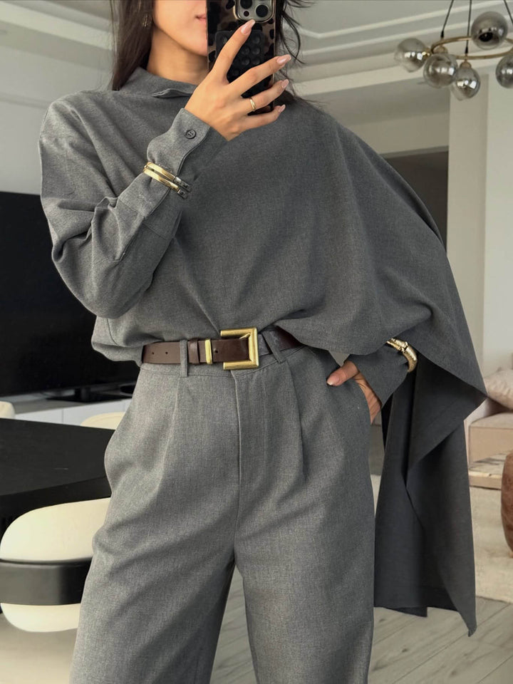 Elegant Draped Shawl Shirt & Wide-Leg Pants Two-Piece Set