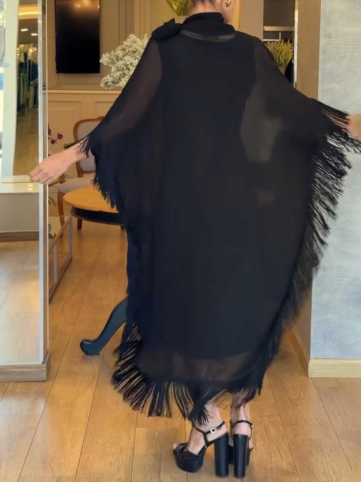 Elegant Flowy Chiffon Fringe Kaftan Maxi Dress