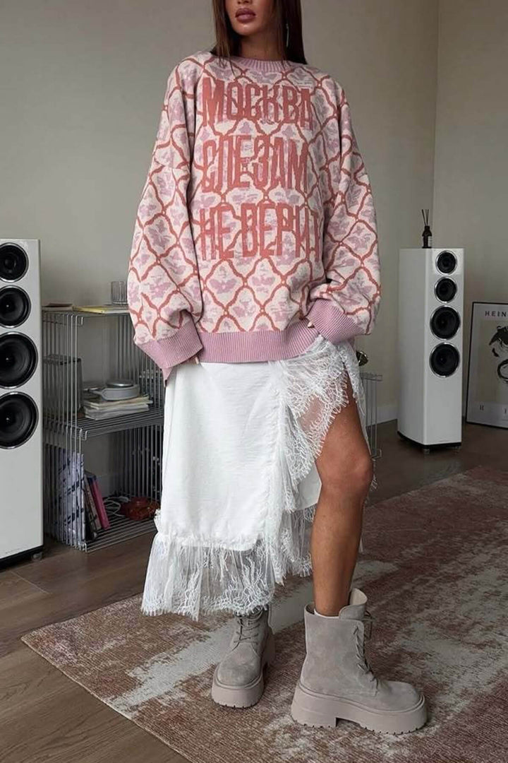 Casual Letter Diamond Print Crew Neck Long Sleeve Sweater