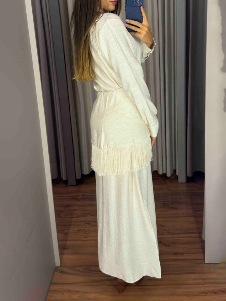 Casual Wrap Fringe Button-Front Shirt Maxi Dress