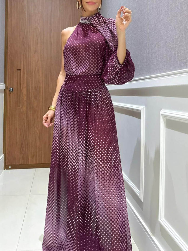 Elegant Gradient Polka Dot One-Shoulder Chiffon Two-Piece Set